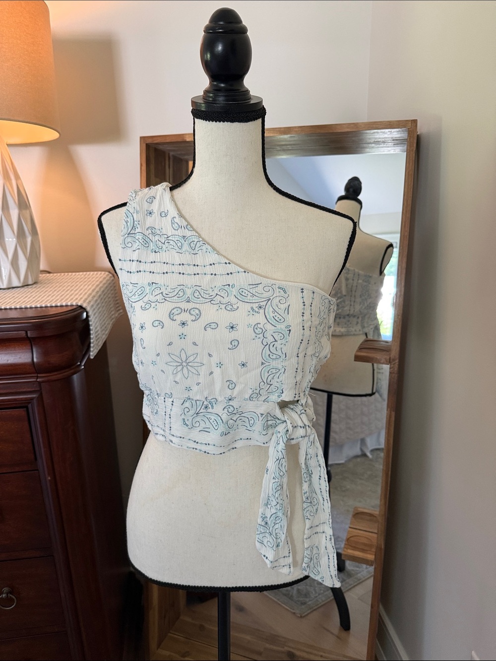 Ocean Drive One-Shoulder White Top with Light Blue Bandana Print